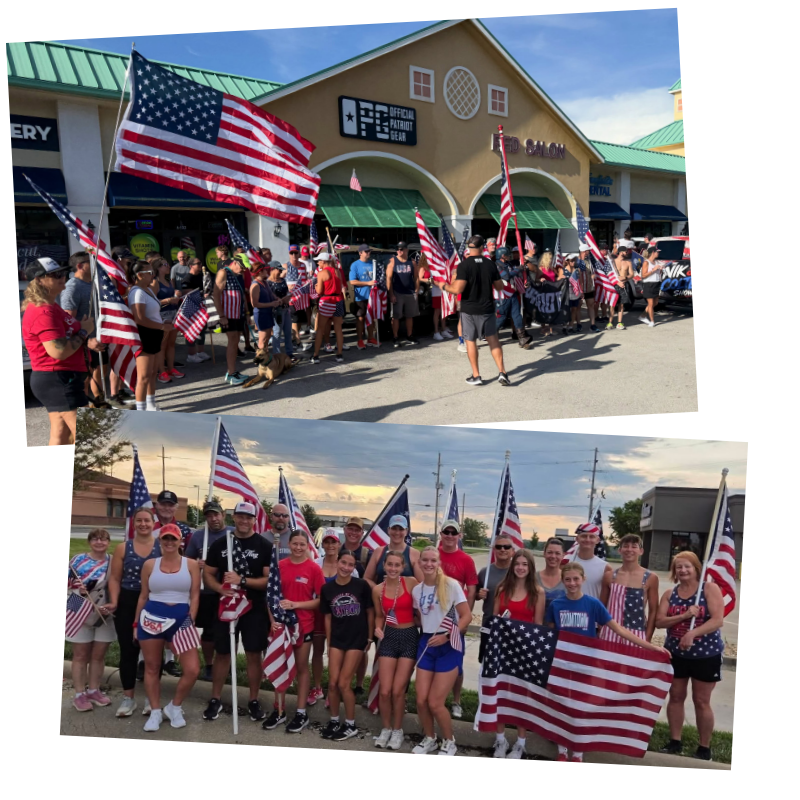Community members gathering with American flags